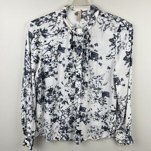 Caddis Fly Popover Tunic Top Womens L Gray White Floral Blouse Butterfly Classic